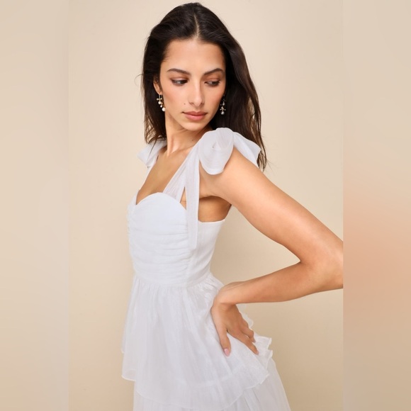 NWOT Lulus Radiant Arrival Shiny White Organza‎ Tiered Tie-Strap Maxi Dress - Picture 4 of 9